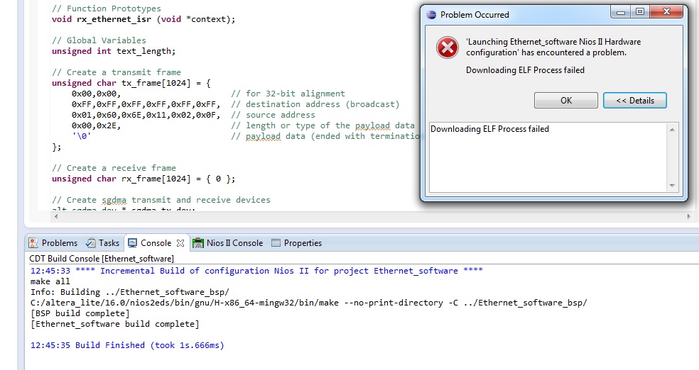 Nios Ethernet elf download error | Altera Community - 252110
