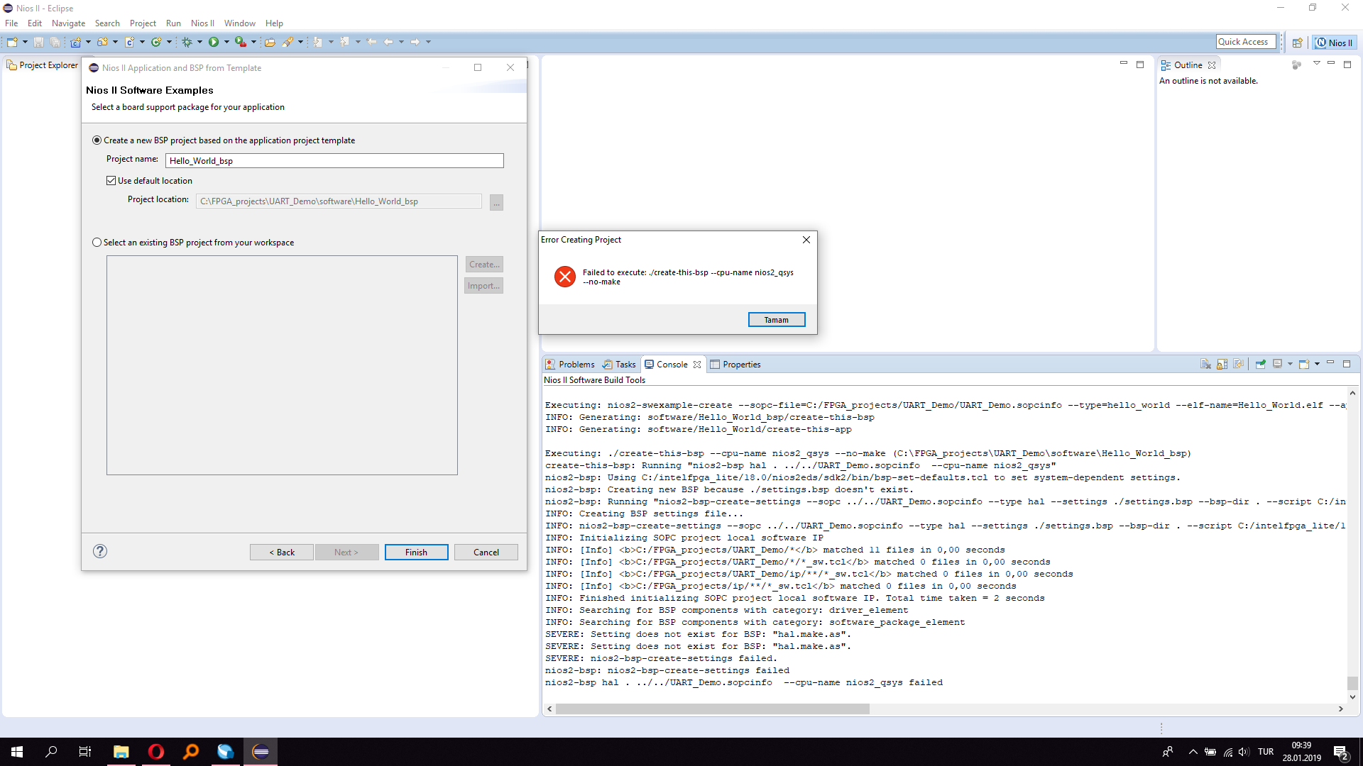 "Failed to execute : ./create-this-bsp --cpu-name nios2_qsys --no-make ...
