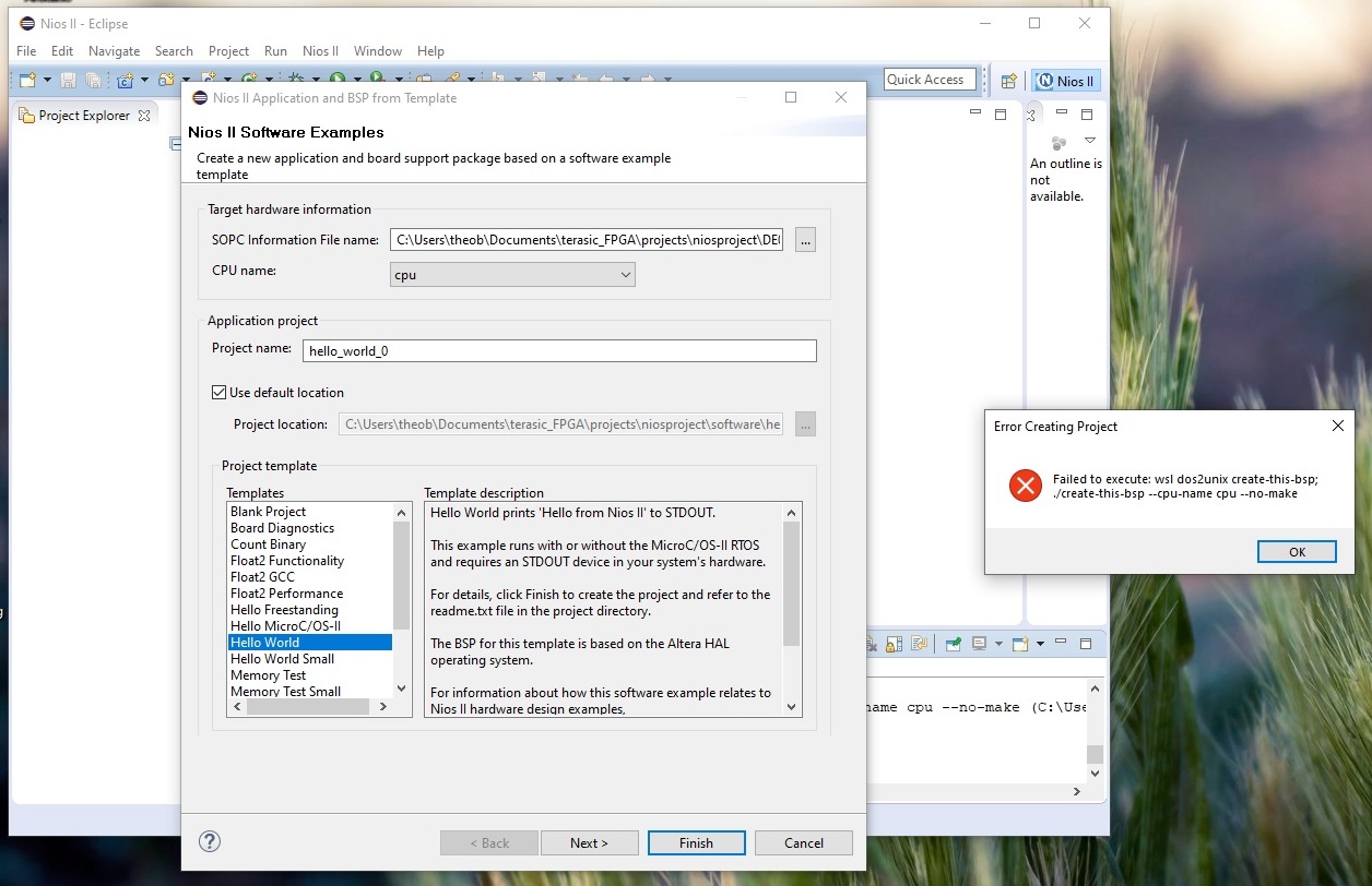 Having a problem when creating a new Nios ii Application and BSP from ...