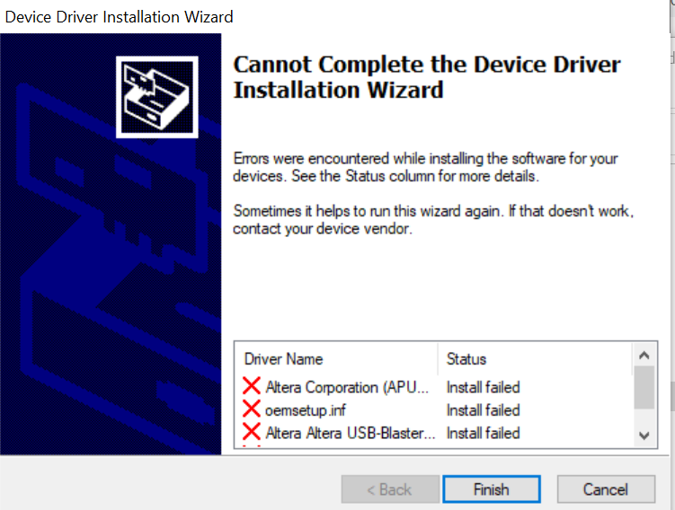 Not able to install USB Blaster Driver | Altera Community - 329088
