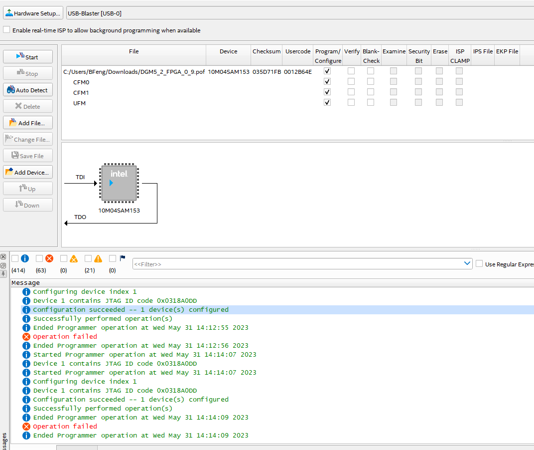 Please help: Operation Failed when programming FPGA using .pof file ...