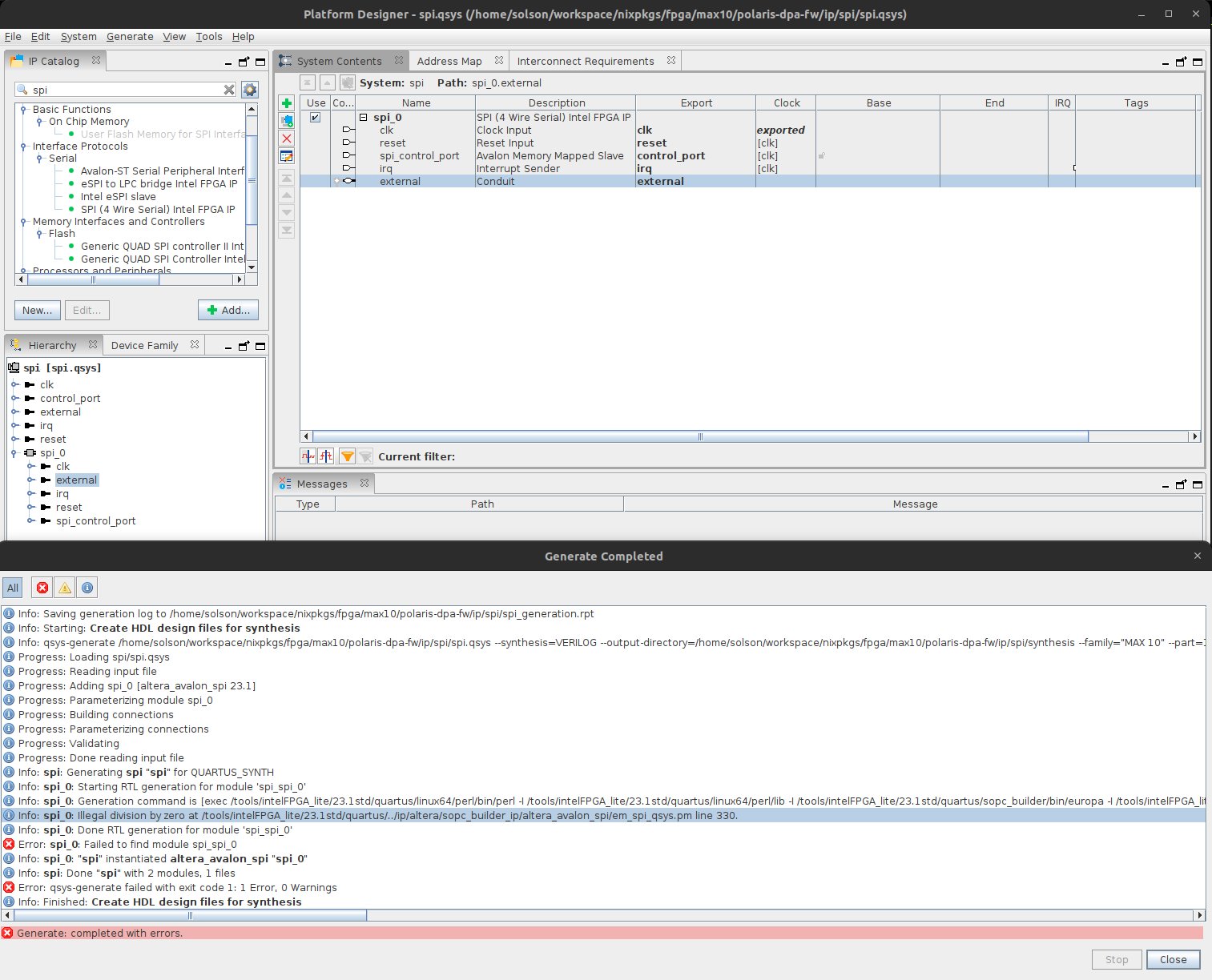 Error: spi_0: Failed to find module spi_spi_0 | Altera Community - 311360